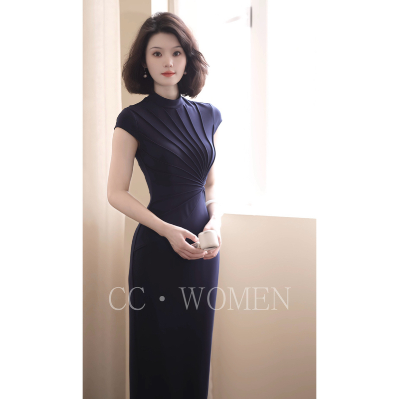 Cai Cai Jia [Night Flow] High-End Slimming Blue Intellectual Vintage Style Elegant Dress
