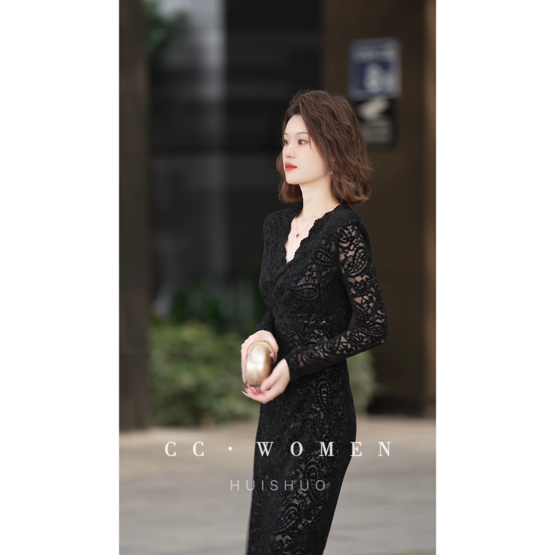 Cai Cai Jia【Dark Night Meteor】Winter Style Everyday High-End Black Elegant and Graceful Slim-Fit Dress