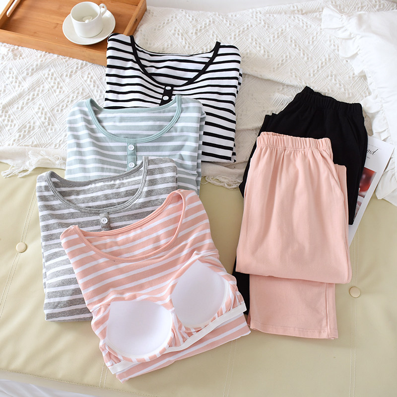 Striped cotton pajamas with chest pads women's spring and autumn long-sleeved two-piece suit cups all-in-one cotton homewear can be worn outside