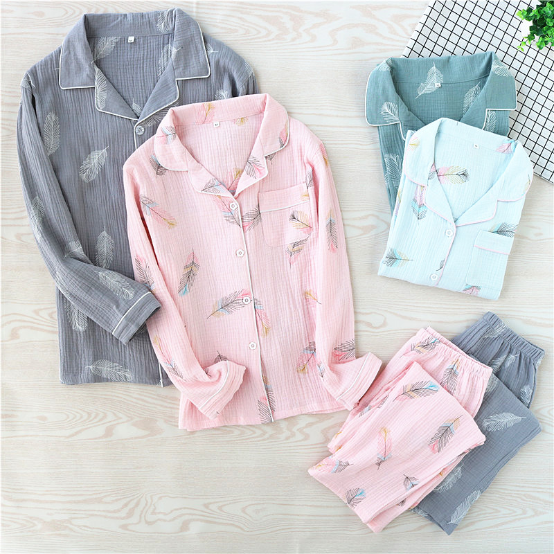 Couple pajamas summer two-piece Japanese-style cotton gauze home service women's thin section men's long-sleeved trousers loose suit