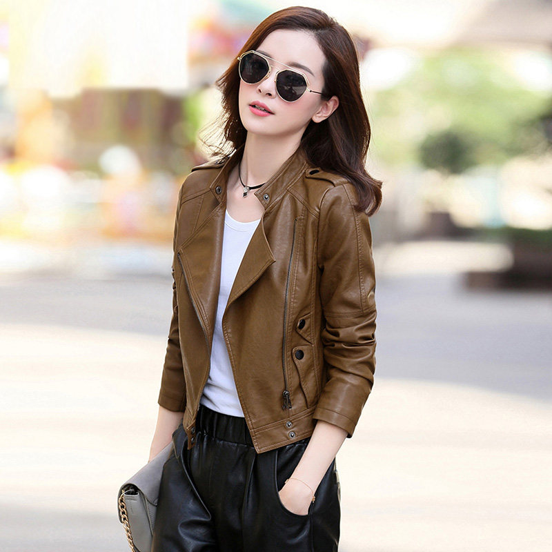 2018 mùa xuân và mùa thu Hàn Quốc phiên bản của giản dị nữ áo khoác da ngắn là dây kéo mỏng đầu máy PU da cổ áo cổ áo áo khoác nhỏ Han Fan