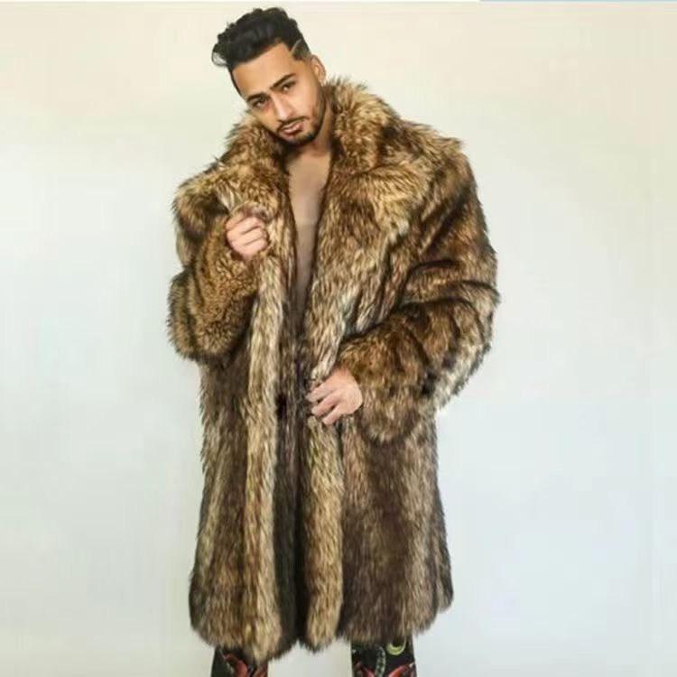 Winter Thickened Men's American-Style Eco-Friendly Fur Coat, Fox Fur Coat, Mid-Length Faux Wolf Fur Lapel with Cotton Lining, Trendy