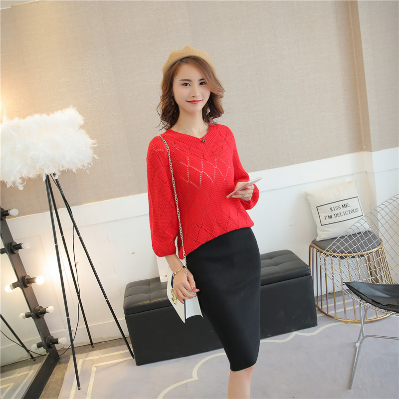 Áo len cổ chữ V cổ lọ xuân hè thu đông mới ren nữ openwork dài tay phiên bản Hàn Quốc của áo len mỏng hoang dã áo len cổ lọ form rộng