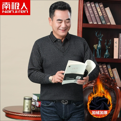 Утепленный трикотажный свитер, удерживающий тепло приятный телу пуховик, для мужчины среднего возраста, осенний