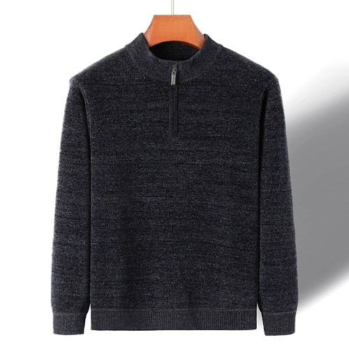 Утепленный пуховик, мужской удерживающий тепло приятный телу свитер, высокий воротник, для среднего возраста