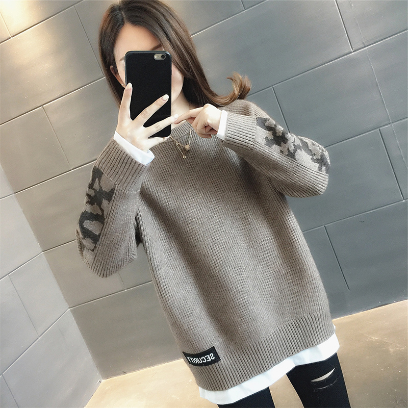 Trendy Mid-Length Fake Two-Piece Sweater for Women, Autumn and Winter 2026 New Style, Loose and Lazy Style, Fleece-Lined and Thickened Base Shirt Trendy Mid-Length Fake Two-Piece Sweater for Women, Autumn and Winter 2026 New Style, Loose and Lazy Style, Fleece-Lined and Thickened Base Shirt