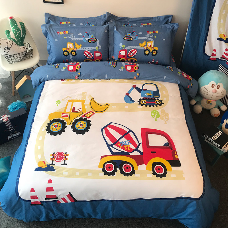 Quilt cover, bedding, children's four-piece set, cotton boy's brushed fitted sheet, bed cover, car bed sheet, three-piece set
