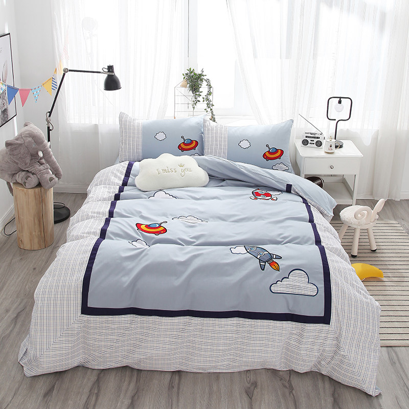 Children's cartoon up and down 1 5m bed cute cotton four-piece set Boy Mediterranean bedding Cotton three-piece set