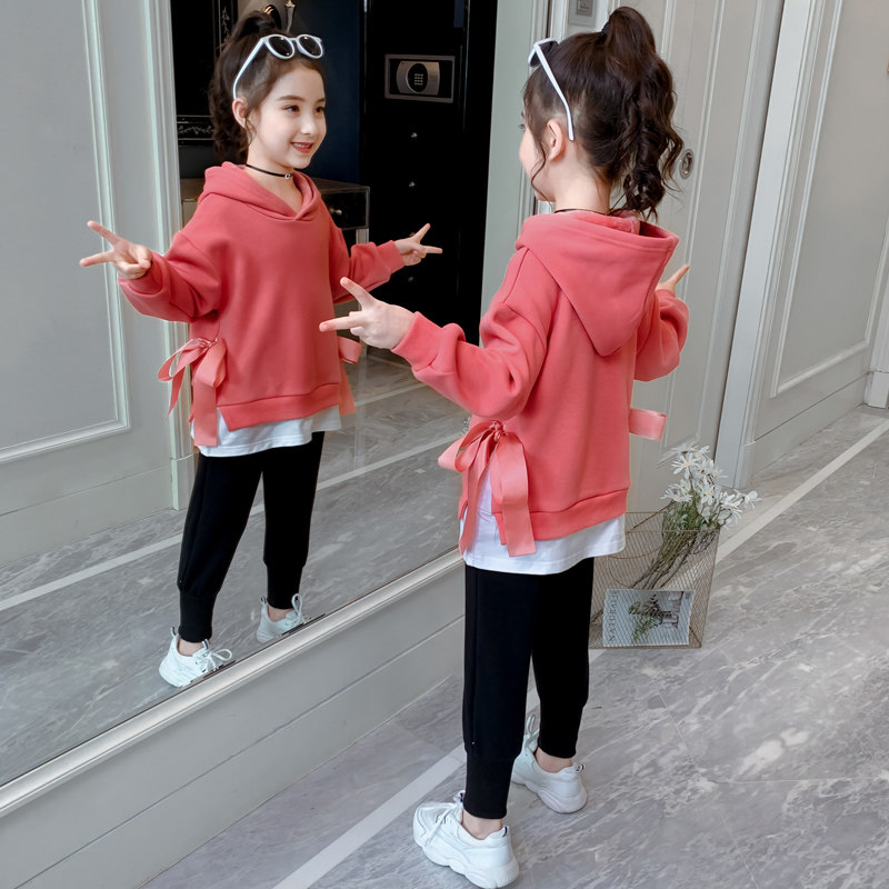 Girls thick T-shirt autumn clothes 2021 new children Spring and Autumn foreign style hooded top Children girls foreign style tide