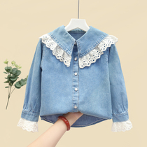 Girls denim shirt 2021 New Style Autumn children long sleeve lace shirt spring autumn doll collar shirt