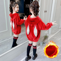 Girls Sweatshirt 2021 Winter New Children Autumn and Winter Plus Thick Hooded Top Warm Top for Girls Korean Tide