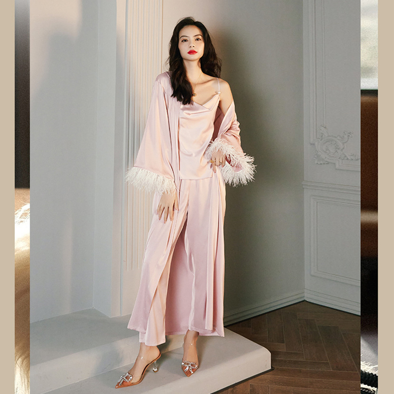 Luxurious Ice Silk Pajamas for Women, Summer Long-Sleeved Dressing Gown Set, Sexy Nightgown, Silk Satin Feather Robe, Suspender Pants