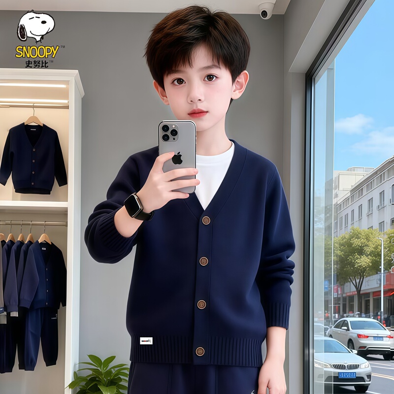 Snoopy Boys' Pure Cotton Sweater Spring and Autumn Style Children's Knitted Cardigan Thin Solid Color Jacket for Older Children Snoopy Boys' Pure Cotton Sweater Spring and Autumn Style Children's Knitted Cardigan Thin Solid Color Jacket for Older Children