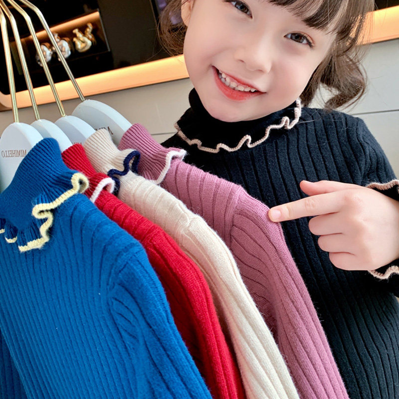 Girls sweater base shirt 2022 warm knitted high neck foreign pie wood ear little middle child baby knit pullover