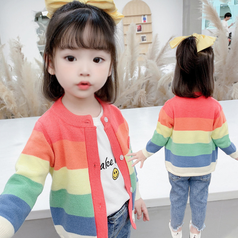 Girl Cardiovert Sweater Jacket Spring Autumn 2022 New Foreign Pie Children Mid-Children Rainbow Spring Dress Korean Version Knitted Blouse