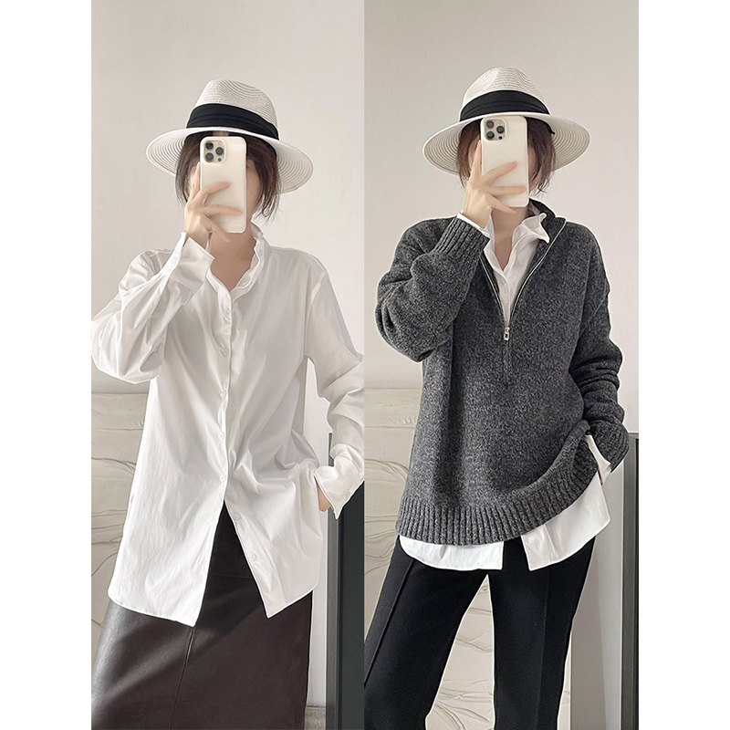 Twistable and Shapeable White Shirt, High-Thread-Count, High-Density Cotton, Fishbone High Collar, Turn-Down Collar, Loose Silhouette, Minimalist and High-Fashion