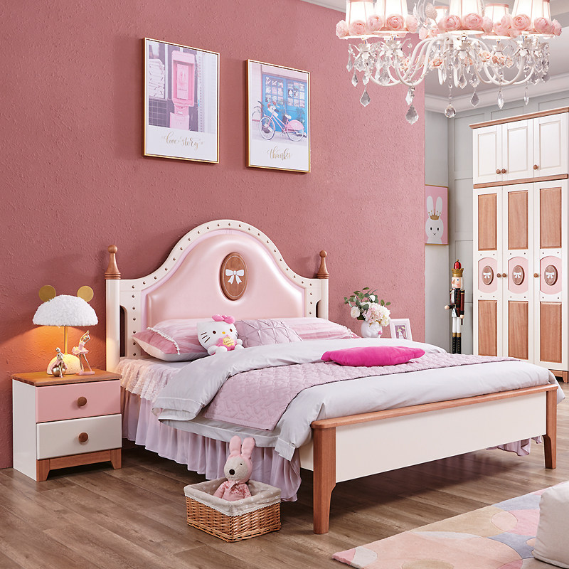 All solid wood children's bed girls princess bed American style soft bag girls pink girls wood wax oil single bed storage