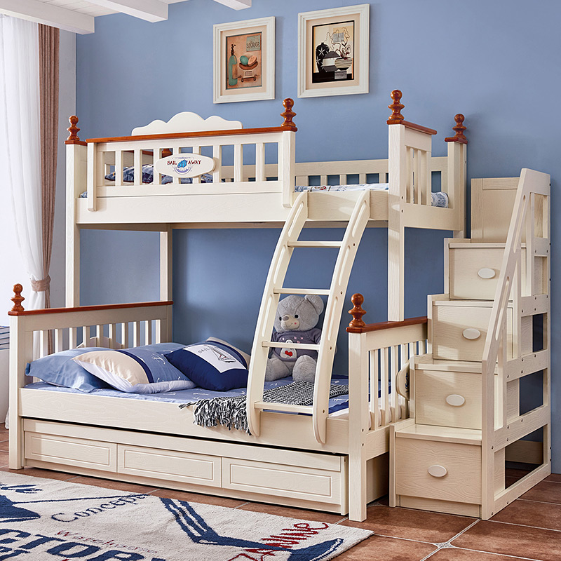 Mediterranean solid wood high and low bed Bunk bed Double bed Children's bed 1 35 Boy girl mother bed combination