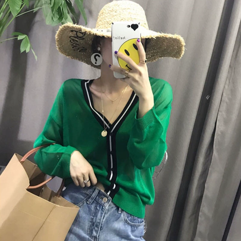 Chính hãng mùa hè và mùa thu áo khoác cardigan mỏng cỡ lớn của phụ nữ dài tay cổ chữ V mỏng băng lụa dệt kim áo khoác nữ ngắn - Áo khoác ngắn