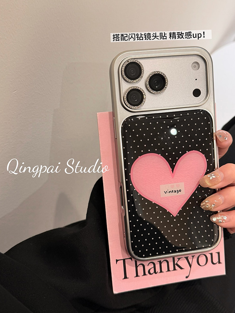 Lightweight ins Korean-Style Polka Dot Pink Heart Phone Case Suitable for Apple 17 Pro Max, iPhone 16 Pro New Model, 15 Women's Model, 14 Silver Frame, 13 Simple Niche High-Value Full-Cover Hard Case