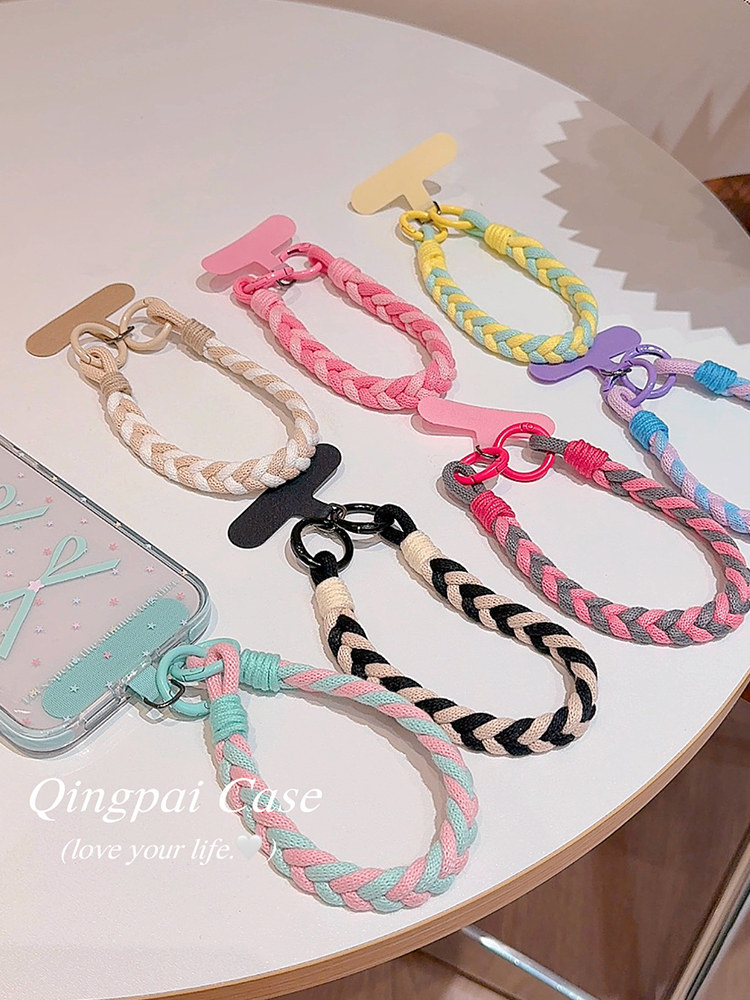 Lightweight Phone Case Wrist Strap Short Style Color-Blocking Solid Color Nylon Braided Thick Anti-Lost Keychain Cord