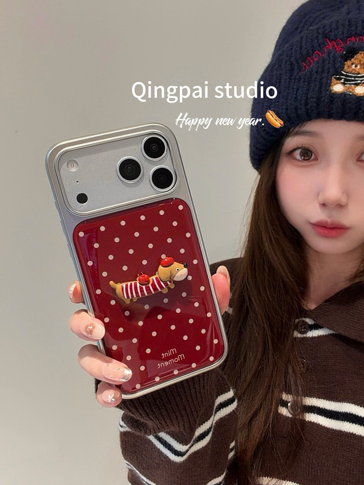 Lightweight ins Red Polka Dot 3D Dachshund Phone Case for Apple 17 Pro Max, iPhone 16 Pro New Model, 15 Women's Model, 14 Silver Frame, 13 New Year Creative Full-Cover Hard Case