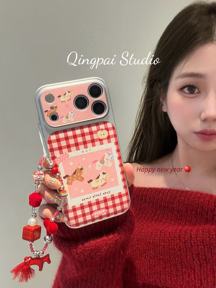 Lightweight New Year Red Plaid Pony with Chain Suitable for Apple 17 Pro Max Phone Case iPhone 16 Pro New Model 15 Women's Model 14 Silver Frame Large Window 13 Cartoon Full-Cover Hard Case