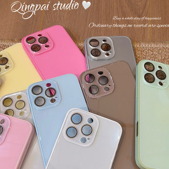 Lightweight Solid Color Glass Case with Built-In Lens Protector Suitable for Apple 16 Pro Max Phone Case, iPhone 13 New Model 15 Pro Women's Model 14 High-End Feel, ins Japanese and Korean Simple Couple Style 12 Full-Cover Hard Case