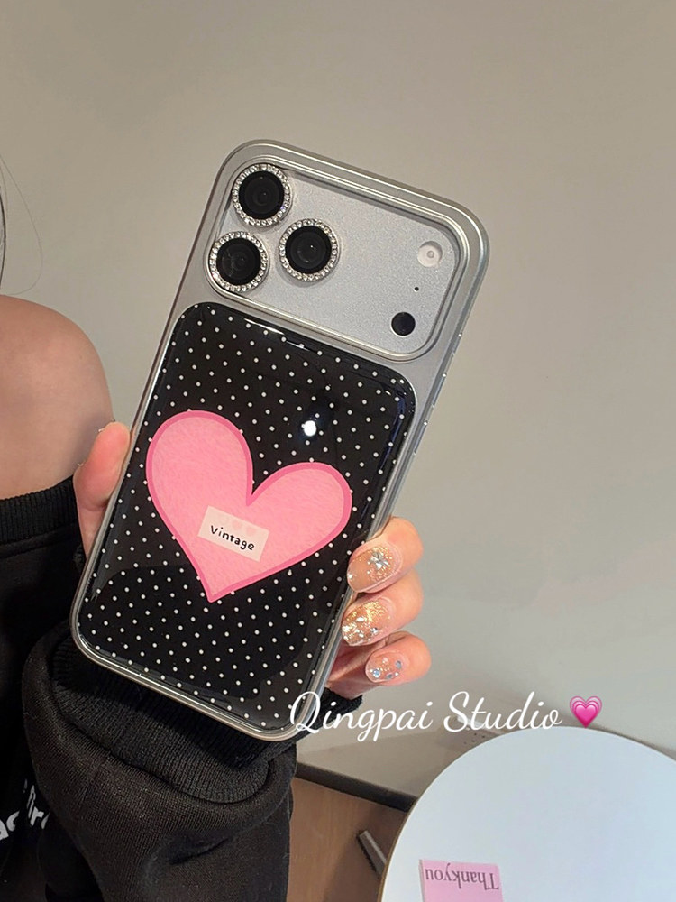 Lightweight ins Korean-Style Polka Dot Pink Heart Phone Case Suitable for Apple 17 Pro Max, iPhone 16 Pro New Model, 15 Women's Model, 14 Silver Frame, 13 Simple Niche High-Value Full-Cover Hard Case