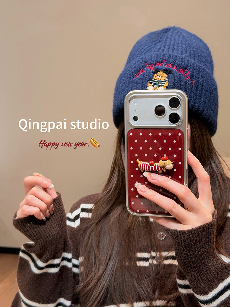 Lightweight ins Red Polka Dot 3D Dachshund Phone Case for Apple 17 Pro Max, iPhone 16 Pro New Model, 15 Women's Model, 14 Silver Frame, 13 New Year Creative Full-Cover Hard Case