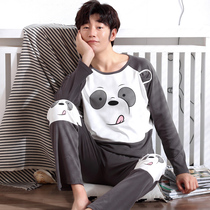 Mens pajamas summer long-sleeved cotton thin cartoon pajamas spring and autumn mens youth cotton home service suit