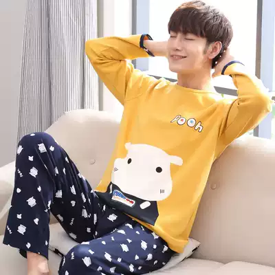 Men's pajamas autumn long sleeve cotton thin youth men's summer Korean student home clothing cotton set