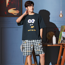 Pajamas men summer cotton short sleeve summer teenagers thin cotton spring and autumn men student home clothing set