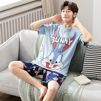Mens pajamas summer cotton short-sleeved shorts youth Korean cartoon cotton summer thin home wear suit
