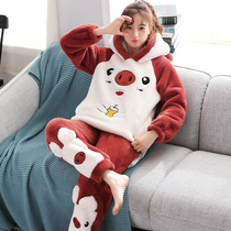 Womens pajamas autumn and winter flannel thickened coral velvet plus fat plus fat MM cute cartoon home clothes set