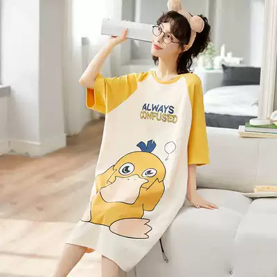 Pajamas night dress women's summer T-shirt dress summer thin cotton night dress net red explosion night dress age reduction cute teen