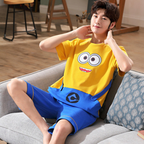 Korean mens pajamas short sleeve cotton summer cotton pajamas womens mens summer thin home suit