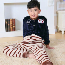 Boys autumn and winter flannel pajamas thickened coral velvet warm set Boys childrens home clothes