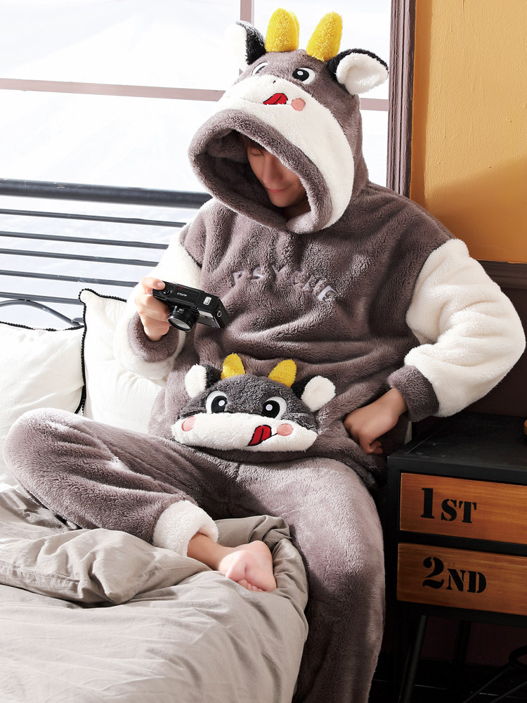 Men's pajamas Autumn and winter winter coral velvet thickened flannel cartoon home clothes Men's winter suit