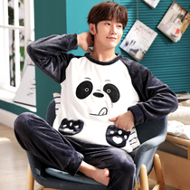 Pajamas mens autumn and winter coral velvet thickened plus velvet cartoon teen student flannel winter home service suit