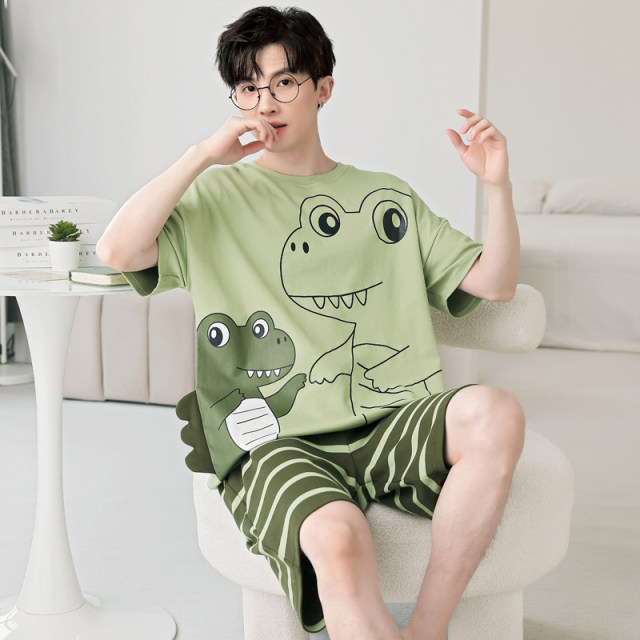 Men's pajamas Summer Cotton Short -sleeved Cartoon Young Leisure Summer Summer Thinning All -Cotton Furnishing Student Set