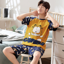Pajamas mens summer cotton short sleeve mens home clothing mens cotton spring and autumn plus size set cartoon tide