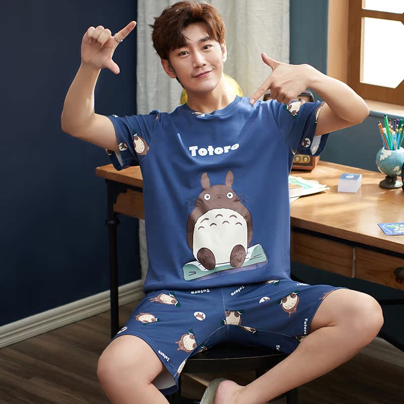 Summer mens pajama ngắn tay áo quần short cotton mens mỏng junior học sinh trung học quần áo cartoon nhà thiết.