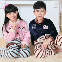 Childrens pajamas winter coral velvet boys and girls thickened flannel children big children cartoon home clothes set