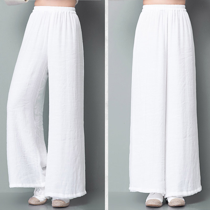 Retro Ethnic Style Women's Tang Suit Cotton and Linen Wide-Leg Pants, Loose Straight White Linen Casual Long Pants for Summer