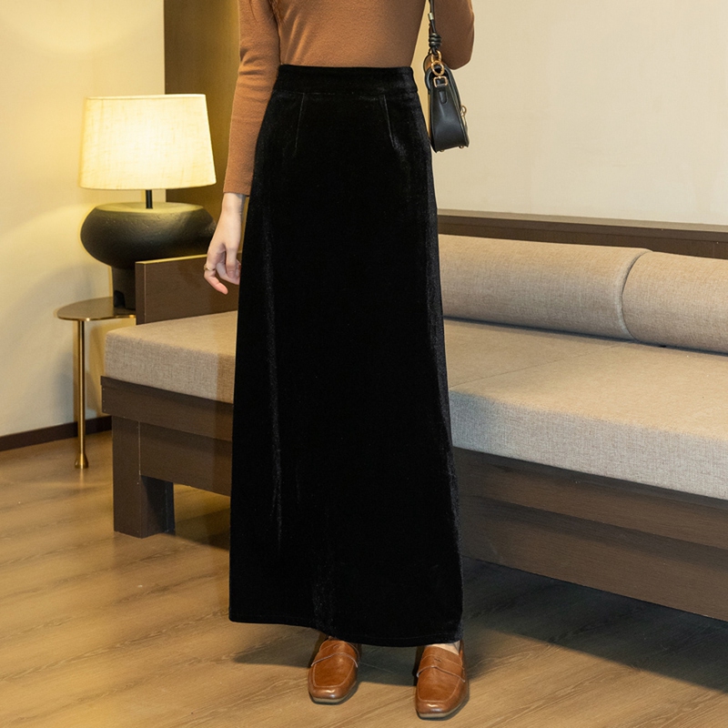 Velvet Midi Skirt for Women, Extended Version, Black, Autumn and Winter, Simple A-Line Long Skirt, Slimming, No Slit, Long Skirt with Drape
