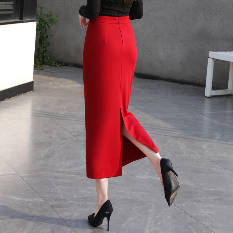 Red Skirt, Spring and Autumn Slit-Back Skirt, New Mid-Length Skirt, Drapey, Slimming, Versatile Pencil Skirt, Straight Skirt