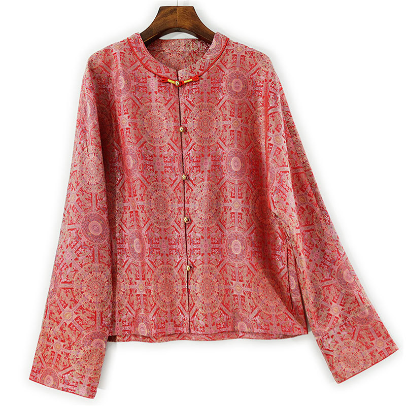 Luxurious Chinese-Style Double-Layer Silk Brocade Top with Gold Embroidery, Thick Long-Sleeve Cardigan, Slim-Fit with Integrated Sleeves