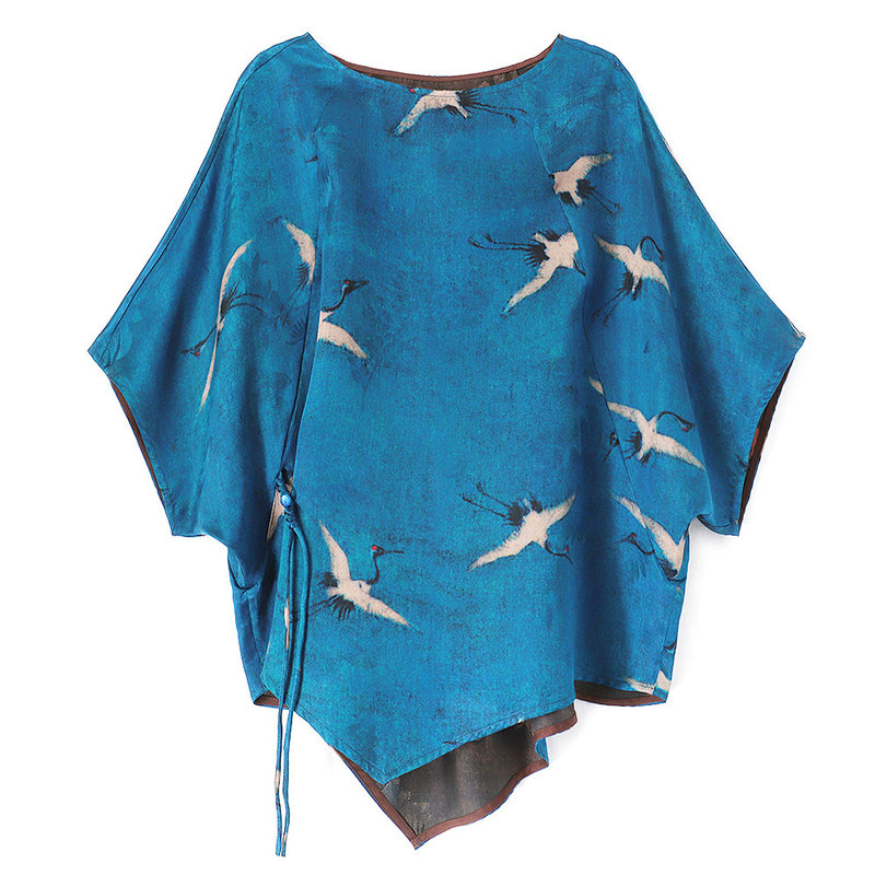 Designer-Style Irregular Silk Satin Floral Top with Real Silk T-Shirt, Off-The-Shoulder Sleeves, and Traditional Chinese Buttons, Fashionable for Summer Designer-Style Irregular Silk Satin Floral Top with Real Silk T-Shirt, Off-The-Shoulder Sleeves, and Traditional Chinese Buttons, Fashionable for Summer