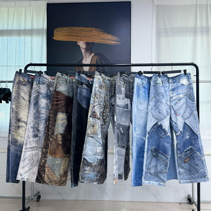 Ac Style Vintage American Retro Anatomical Patchwork 3D 1981 Trendy Brand Retro Splatter Mineral Jeans